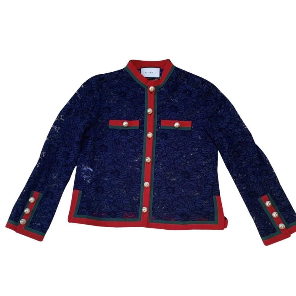 FABULOUS GUCCI Blue Lace Blazer with Red & Green Trim Size 44